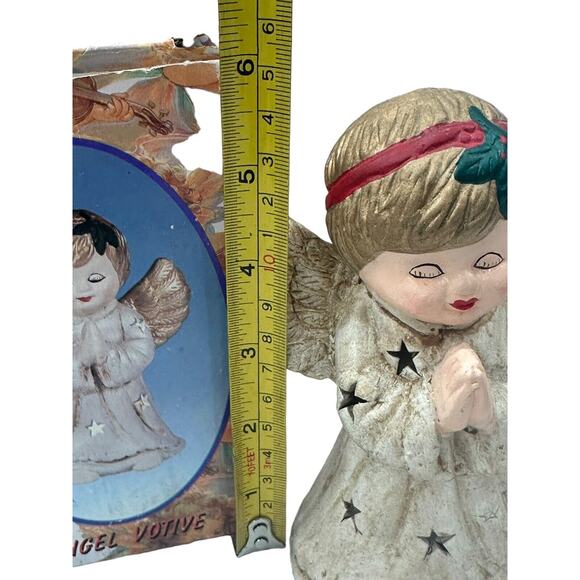 Christmas Ceramic PRAYING Angel Tea Light Candle Holder GILDED Stars Retro Decor - Picture 4 of 9